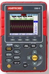 Amprobe DM-5 - Analizador de Redes Electricas Trifasico, 3 canales de voltaje y 4 canales de corriente, incluye puntas 4 sondas de corriente para medir hasta 3000 A de CA, mediciones de voltaje, corriente, potencia, frecuencia, armónicos, desbalances, Etc